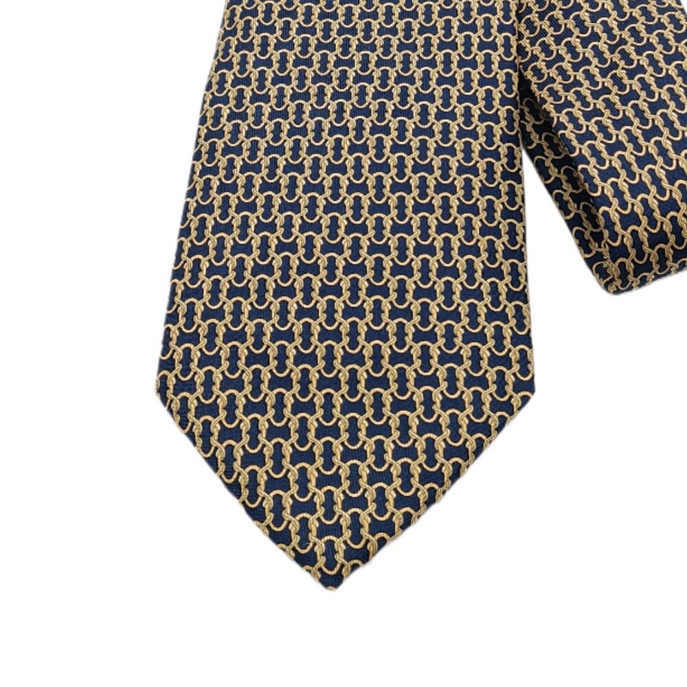 Tie Rack London Silk Tie Mens XL 63” Navy Blue Gold Geometric 70s Classic New